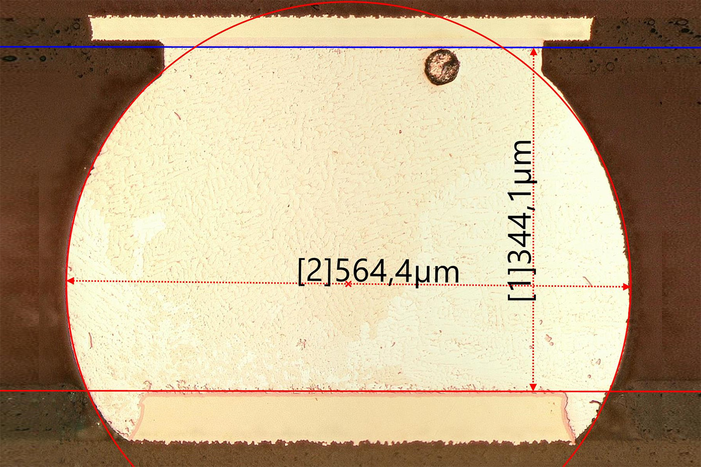 Measured solder contact on micrograph.